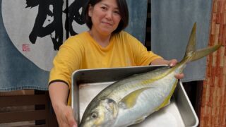 高級魚大漁の釣り女子とまんまるシマアジ