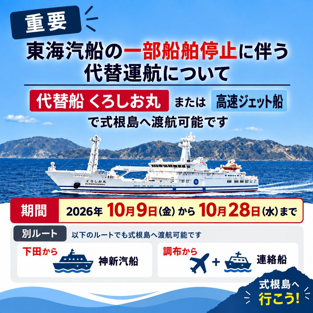 東海汽船の一部船舶使用停止に伴う式根島への代替運航のお知らせ。期間は2026年10月9日から10月28日まで。代行船「くろしお丸」や高速ジェット船での渡航のほか、下田からの神新汽船、調布からの航空機と連絡船を乗り継ぐ別ルートでのアクセス案内。